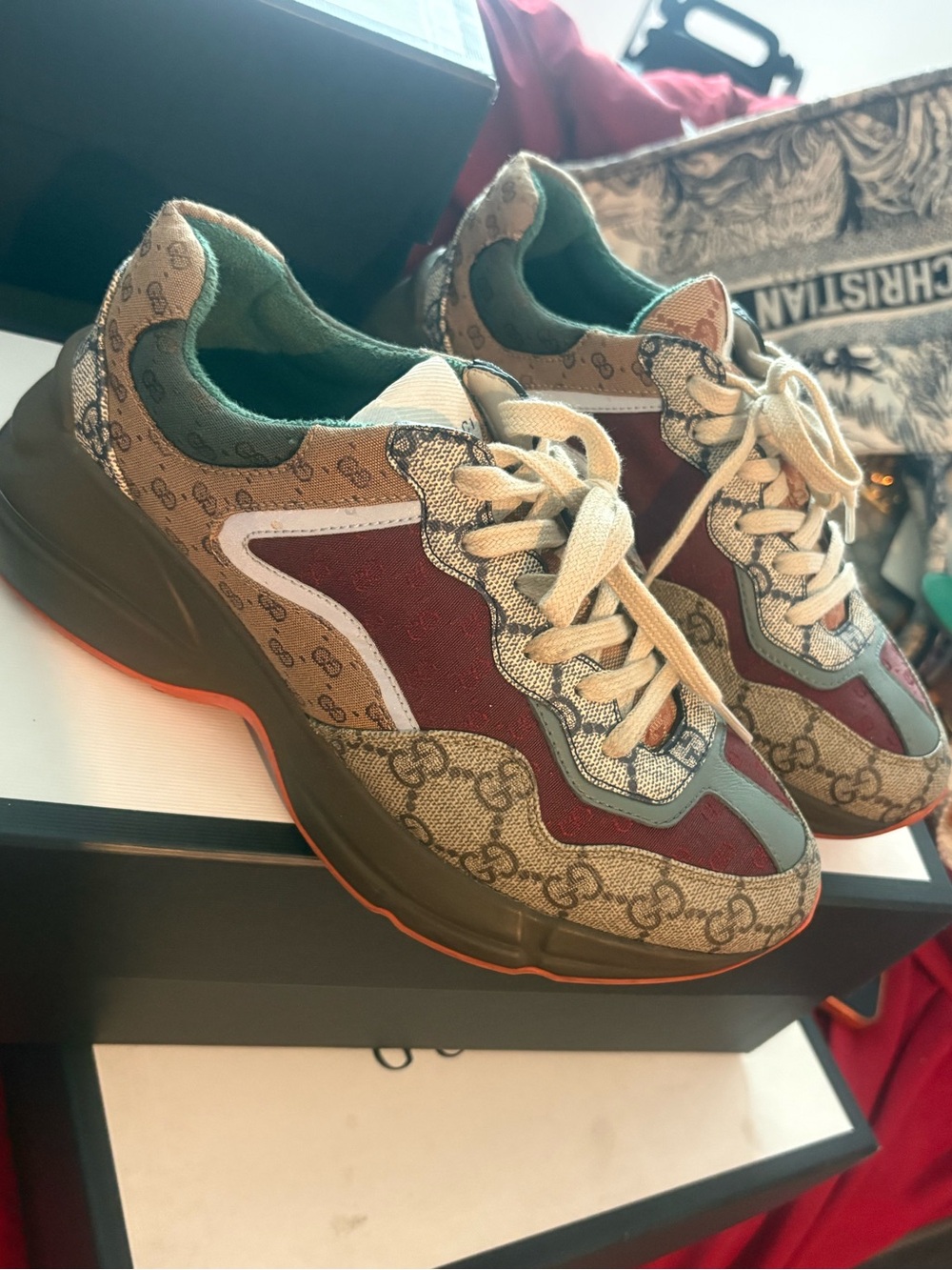 Gucci Multicolor GG Canvas Runner Sneakers with Burgundy Panels